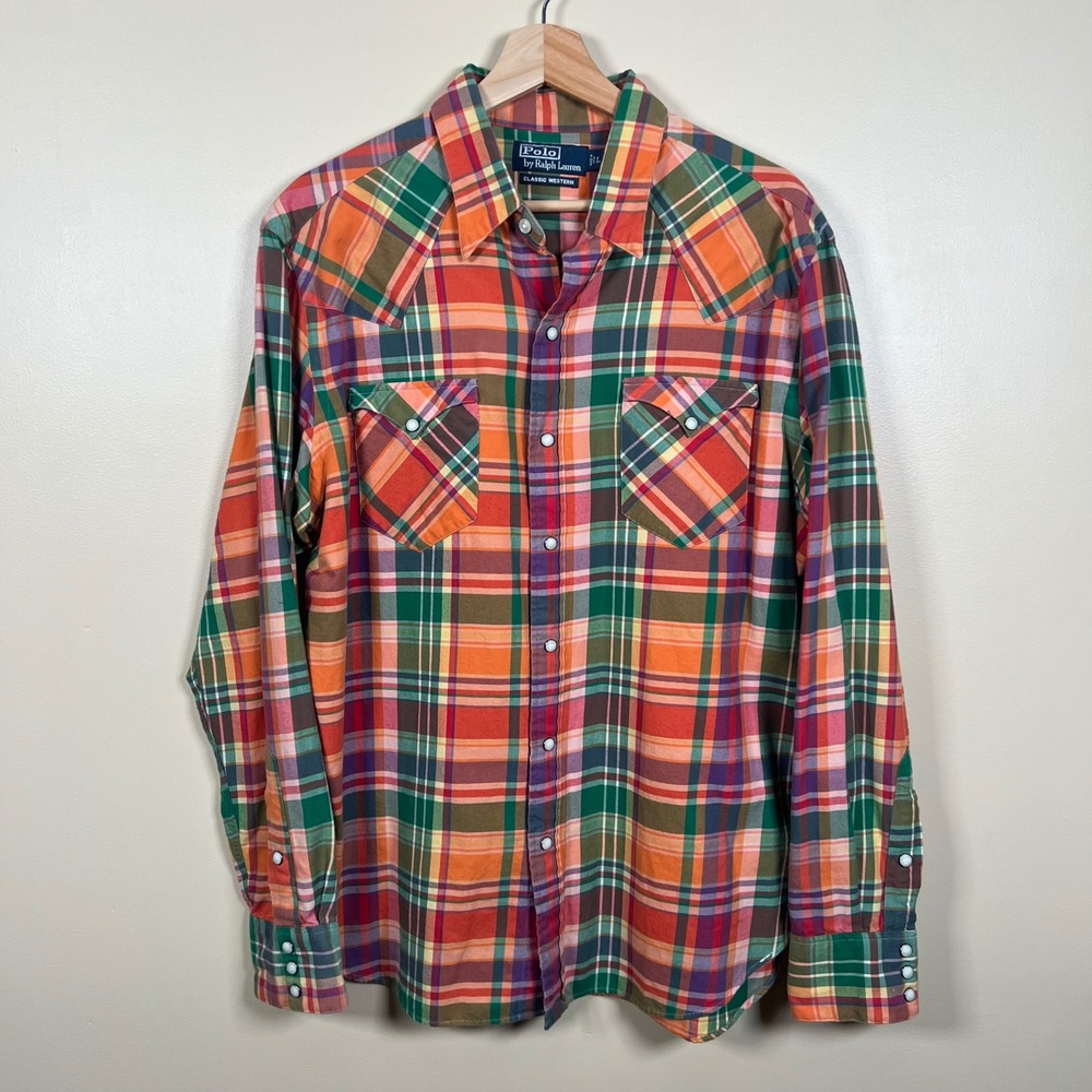 Polo Ralph Lauren Classic Western Shirt Mens L Multi Plaid Pearl Snap Flannel